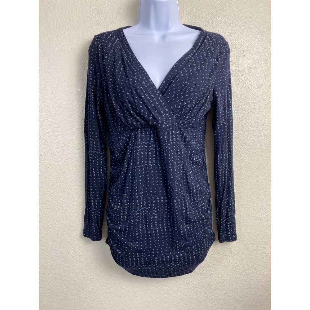 Nopples Womens V-Neck‎ Top faux Wrap size Small Blue Long sleeve Stretch Modest